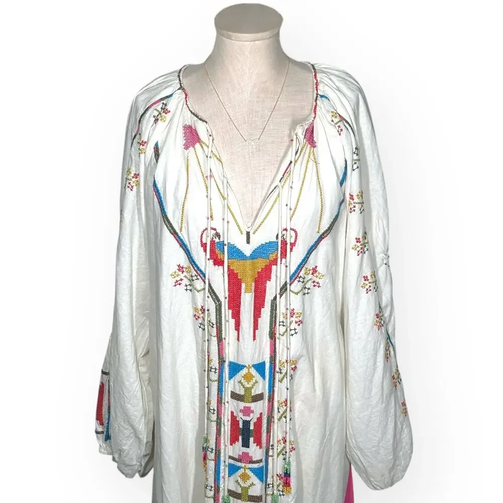 FARM RIO Macaw Embroidered Beaded Maxi Dress Caftan Tapestry Ethereal Wedding - Picture 5 of 15